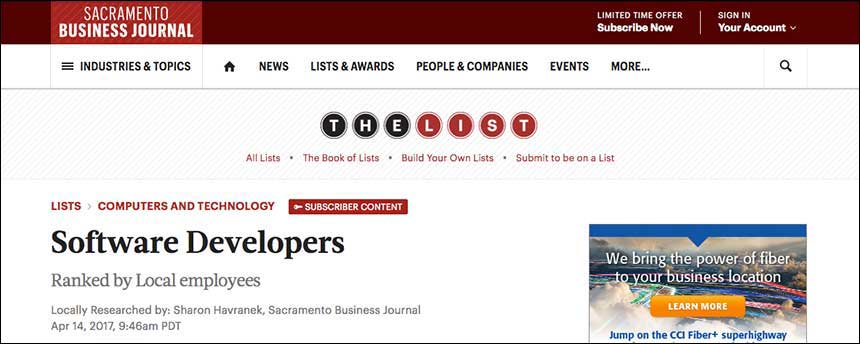 Screenshot of Sacramento Business Journal jobs list title page